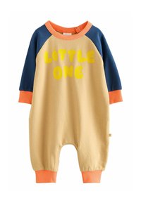 Yellow and navy cotton romper with long raglan sleeves, orange accents, and the text "LITTLE ONE" in large yellow letters on the front.