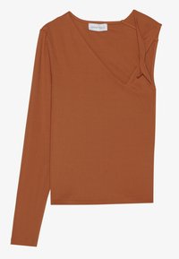 Langärmliges, rostfarbenes Oberteil aus dehnbarem Stoff mit crossover V-Ausschnitt und einer gedrehten Detail an der linken Schulter.