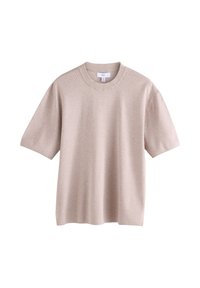 Beige, kortärmad T-shirt av mjukt tyg. Har en rund halsringning, lös passform och minimala sömmar för ett slätt utseende.