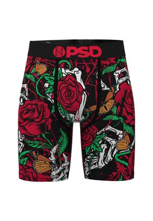 Calzoncillos bóxer negros con rosas rojas, enredaderas verdes, manos esqueléticas blancas, mariposas naranjas y una cinturilla negra con el logo PSD en rojo.