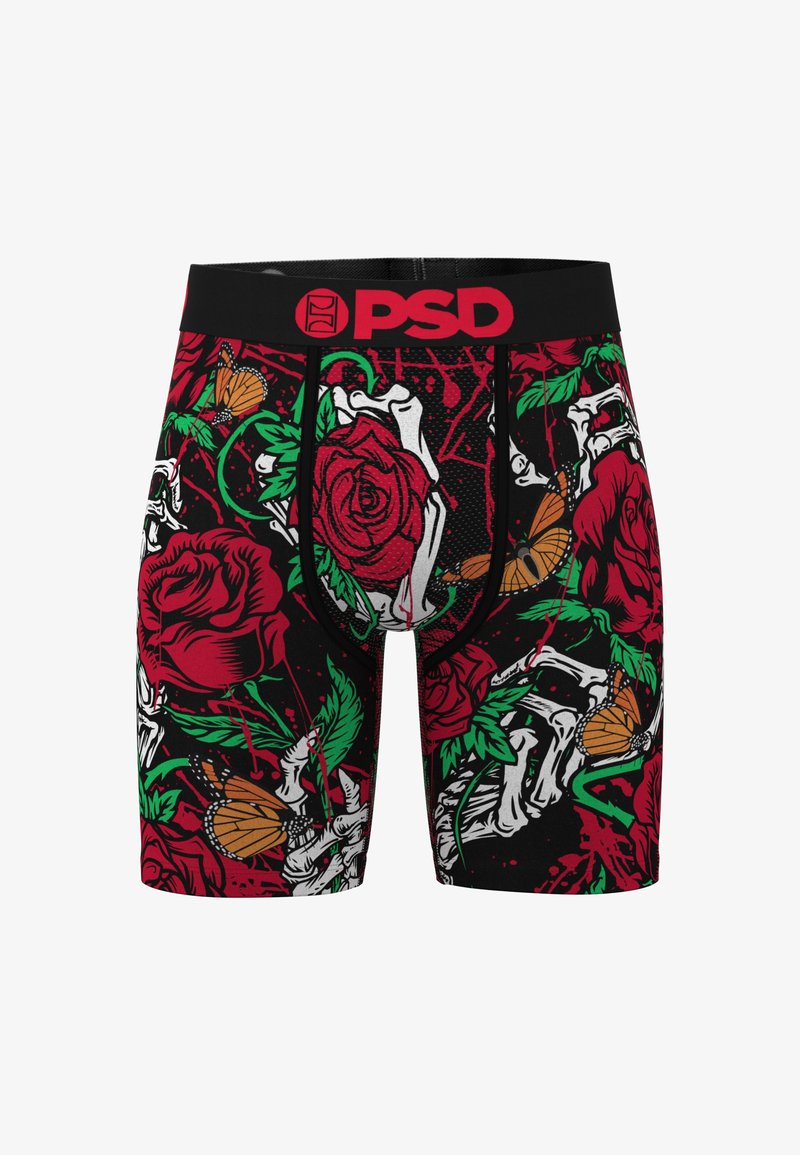 Boxer noir avec des roses rouges, des vignes vertes, des mains squelette blanches, des papillons orange et une ceinture noire avec le logo PSD rouge.