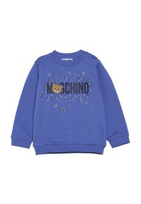 Blå långärmad tröja för småbarn med ett björnfans och "MOSCHINO"-text samt färgglada musiknoter och stjärnor runt logotypen.