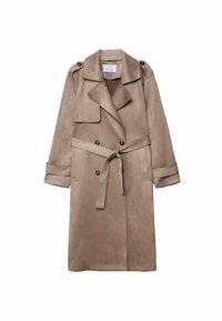 Long trench-coat beige en daim avec larges revers, pattes d'épaule boutonnées, devant croisé, ceinture à la taille et pattes aux poignets.