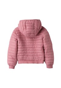 Roze gewatteerde pufferjack met een capuchon, lange mouwen en elastische manchetten, weergegeven vanuit de achterkant op een witte achtergrond.