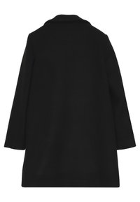 Cappotto nero con colletto, maniche lunghe e taglio dritto. Tessuto liscio e senza hardware o motivi visibili. Vista posteriore mostrata.