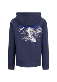 Felpa con cappuccio blu navy realizzata in tessuto morbido, presenta una grande grafica di montagna e testo sul retro, con cappuccio regolabile e polsini a coste.