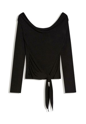 Čierny dlhý rukáv s širokým výstrihom do tvaru lode a detailom viazania vpredu v páse, vyrobený z mäkkej, elastickej látky.