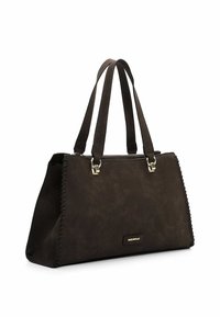 Brown faux suede handbag with dual handles, gold hardware accents, and visible stitching detail along the sides. Zipper closure at the top.