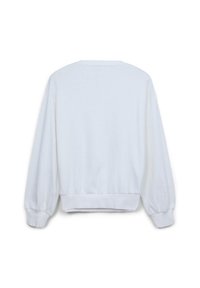 Felpa bianca con maniche lunghe, leggermente elaborate, scollo rotondo e bordo e polsini a coste, texture liscia. Design semplice.