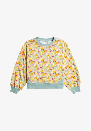 Sweatshirt fleuri avec un col et des poignets vert menthe. Présente un motif coloré de diverses fleurs sur un fond bleu clair.