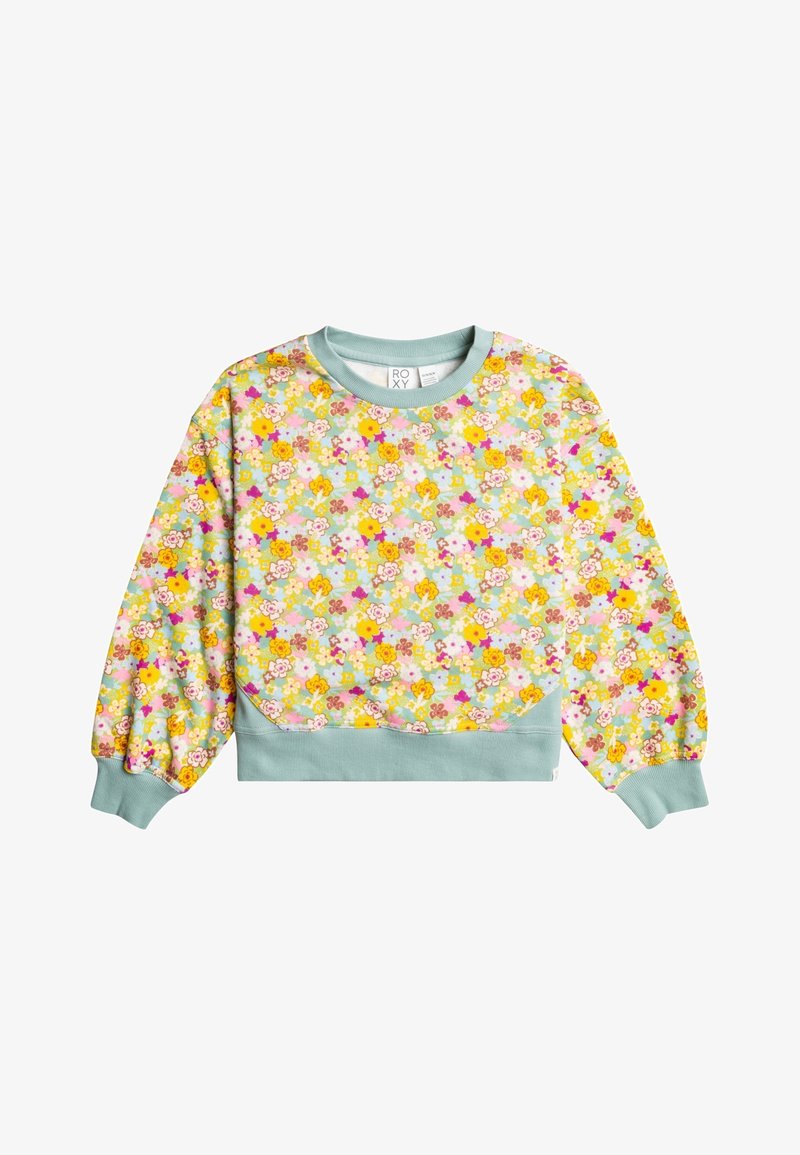 Sweatshirt fleuri avec un col et des poignets vert menthe. Présente un motif coloré de diverses fleurs sur un fond bleu clair.