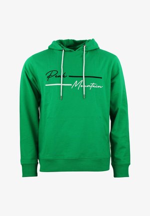 Grøn hoodie med snørrehette, frontlomme og sort-hvid "Peak Mountain" grafik på tværs af brystet. Lavet af bomuldsmateriale, afslappet pasform.