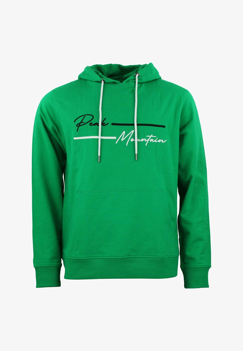 Grøn hoodie med snørrehette, frontlomme og sort-hvid "Peak Mountain" grafik på tværs af brystet. Lavet af bomuldsmateriale, afslappet pasform.