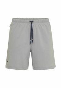 Hellegraue Badeshorts mit einem elastischen Bund, navyfarbenem Kordelzug und seitlichen Taschen. Glatte Oberfläche mit einem Logo unten links.