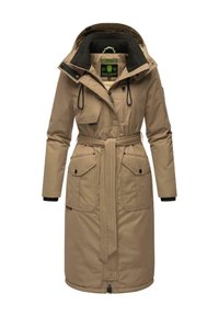 Beige lange jas met een capuchon, voorkant met ritssluiting, riem en twee grote zakken. Heeft ribbels bij de manchetten en een gestructureerde binnenvoering.