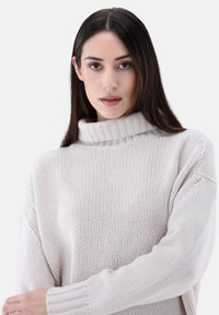 Hellbeige gestrickter Pullover mit hohem, geripptem Kragen, überschnittenen Schultern und gerippten Bündchen, in lockerer Passform und strukturierter Stoffqualität.