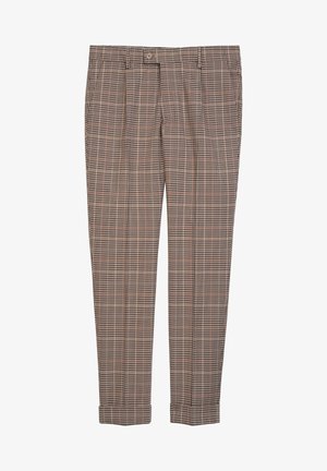 Karierte Hose in beige, braun und subtile Orangetöne; taillierte Passform mit glatter Textur und umgeschlagenen Säumen. Knopfverschluss an der Taille.