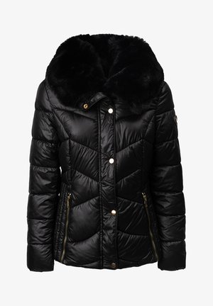 Black puffer jacket with a plush faux fur collar, glossy finish, gold hardware, zippered pockets, and a quilted geometric pattern.
