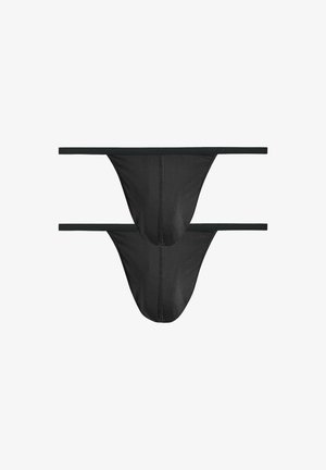 Black thong made of smooth fabric, featuring thin side straps, a minimalistic design, and a seamless finish.