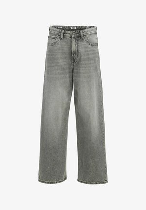 Graue Jeans mit weitem Bein, Fronttaschen, Gürtelschlaufen und Knopfverschluss, vorne auf weißem Hintergrund dargestellt.