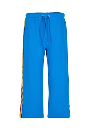 Pantaloni sportivi blu con elastico in vita, cordino e strisce laterali caratterizzate da motivi ondulati rossi, gialli e arancioni.
