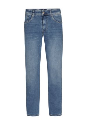 Helle blaue Jeans mit geradem Bein, fünf Taschen und einem einzelnen Metallknopfverschluss an der Taille. Ausgewaschene Textur überall.