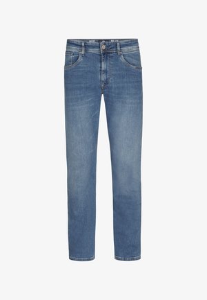Lichtblauwe denim jeans met een rechte snit, vijf zakken en een enkele metalen knoopsluiting bij de taille. Verbleekt textuur overal.