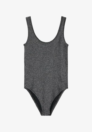 Costume intero nero con tessuto lucido e strutturato. Dotato di spalline larghe e scollo a giro, offre una forma elegante e slanciata.