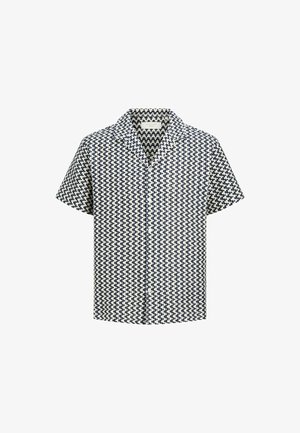 Κοντομάνικο πουκάμισο με κουμπιά, με ασπρόμαυρο γεωμετρικό σχέδιο και γιακά ανοικτό.