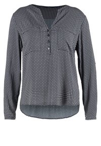 Langarmbluse in Dunkelblau mit kreisförmigen weißen und hellblauen Mustern, V-Ausschnitt, Knopfleiste und leicht abgerundetem Saum.