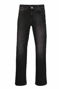 Jean en denim noir avec une coupe droite, dotés d'une fermeture à bouton, de poches avant et arrière, et d'une couture subtile le long des coutures latérales.