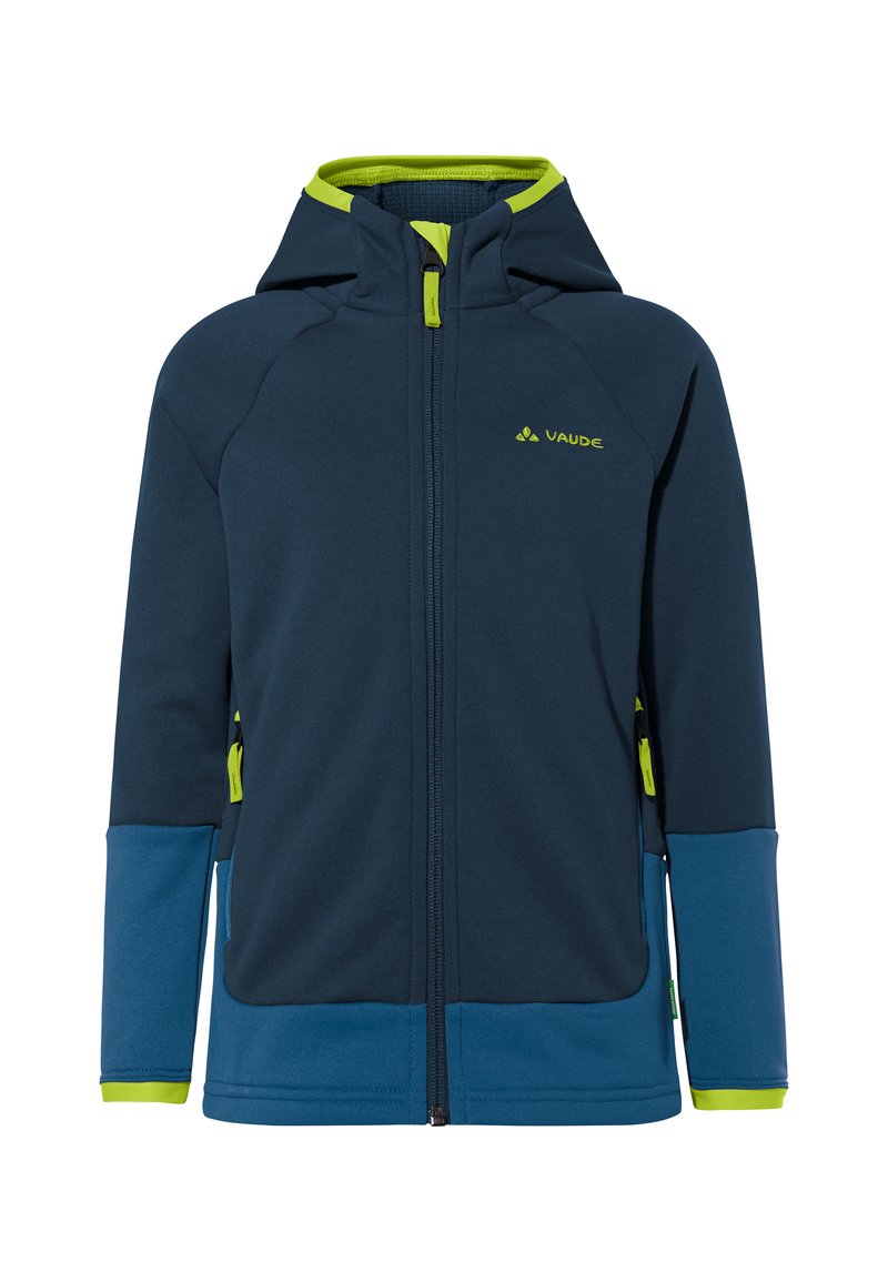 Dunkelblauer Jacke mit Kapuze, grünen Akzenten, Reißverschluss vorne und seitlichen Taschen. Hergestellt aus weichem Material mit kontrastierenden blauen Bündchen und Saum.