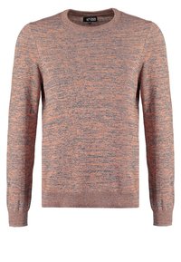 Maglione con motivo sfumato e testurizzato in tonalità di arancione e grigio. Presenta scollo rotondo e polsini e orlo a coste per una vestibilità aderente.