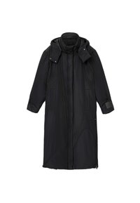 Czarny, długi puchowy płaszcz z kapturem, z zamkiem błyskawicznym, bocznymi kieszeniami i przeszyciami dodającymi tekstury i ciepła.