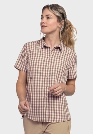 Short-sleeve button-up shirt in a cream and burgundy check pattern, featuring a pointed collar and a small logo on the chest.