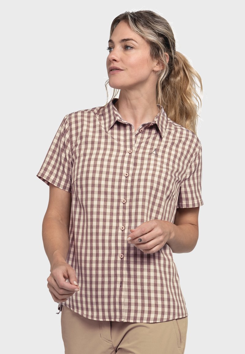 Kurzärmliges Button-Down-Hemd mit einem creme- und burgunderfarbenen Karomuster, ausgestattet mit einem spitzen Kragen und einem kleinen Logo auf der Brust.
