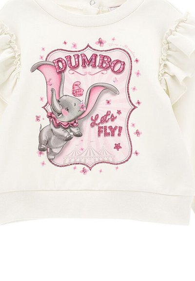 Camicia bianca a maniche lunghe con maniche arricciate, caratterizzata da un grafico di Dumbo in grigio e rosa, impreziosito da dettagli scintillanti e fiori.