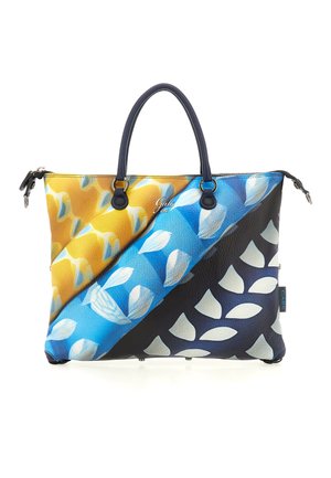 Borsa multicolore con un motivo che combina giallo, blu e nero, caratterizzata da una superficie testurizzata e manici corti.