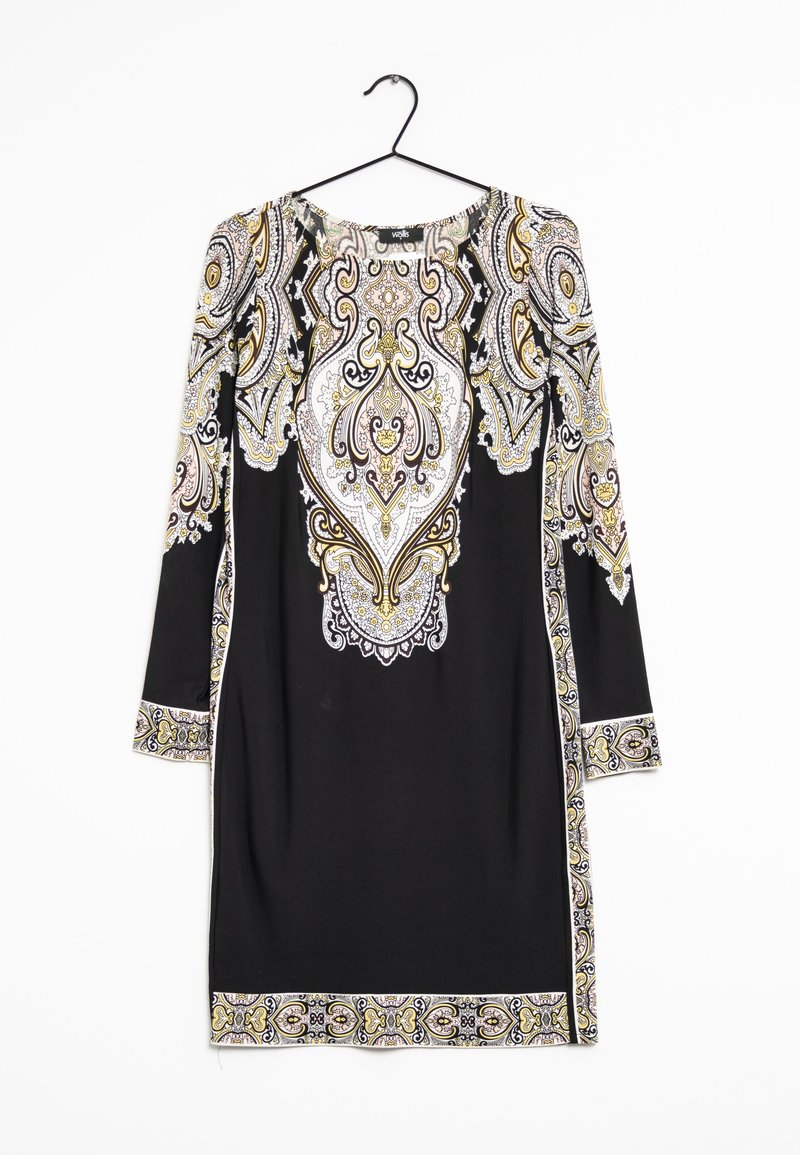 Robe noire avec des motifs paisley intriqués en blanc, or et rose. Manches longues et col rond, avec des accents détaillés le long des bords.