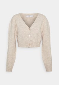 Beige Cardigan im Cropped-Stil aus weichem Strickstoff, mit V-Ausschnitt, gerippten Bündchen und einer vorderen Knopfleiste.