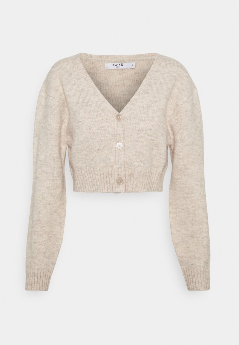 Beige Cardigan im Cropped-Stil aus weichem Strickstoff, mit V-Ausschnitt, gerippten Bündchen und einer vorderen Knopfleiste.