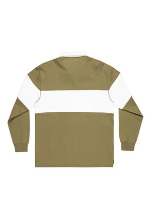 Dlhý rukáv polo tričko s olivovo zelenými a bielymi vodorovnými pruhmi. Vyrobené z textúrovaného materiálu s golierom a patentmi na rukávoch.