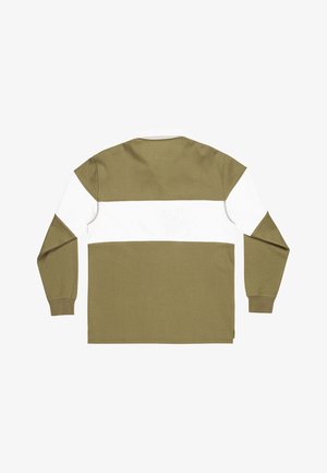 Koszula polo z długim rękawem w zielono-oliwkowe i białe poziome paski. Wykonana z fakturowanej tkaniny, posiada kołnierzyk i ściągacze przy mankietach.