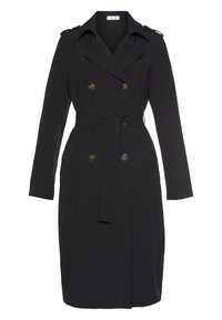 Czarny trench coat z podwójnym zapięciem, złotymi guzikami, długimi rękawami, paskiem w talii i naramiennikami. Gładka tekstura, długość do kolan.