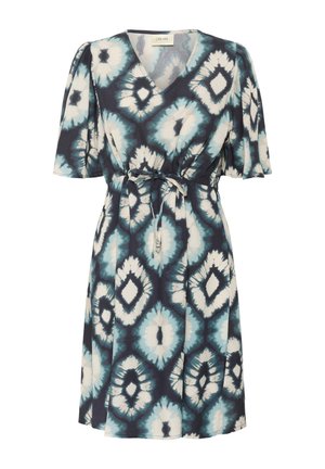 Abito a maniche corte con motivo tie-dye blu e crema, scollatura a V e cintura regolabile in vita, realizzato in tessuto leggero.