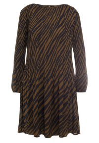 Brun och svart randig klänning, långa ärmar, A-linjeformad, veckad textur, rund halsringning, dragkedjestängning bak.