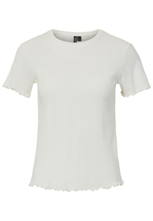 Witte top met korte mouwen en een geribbeld textuur, ronde halslijn en golvende zoomdetails, ontworpen voor een aansluitende pasvorm.