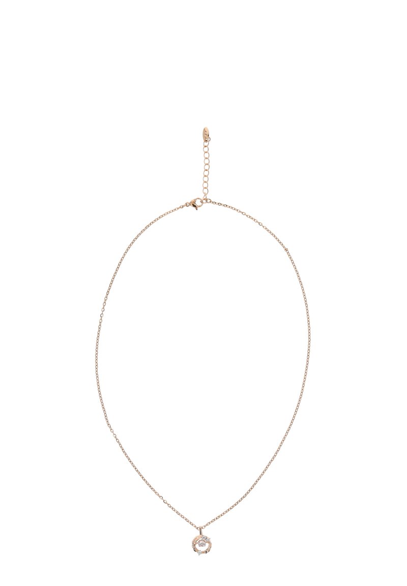 Arany színű nyaklánc finom lánccal, kör alakú medállal, benne egy kis, tiszta drágakővel és egy levél díszítéssel.