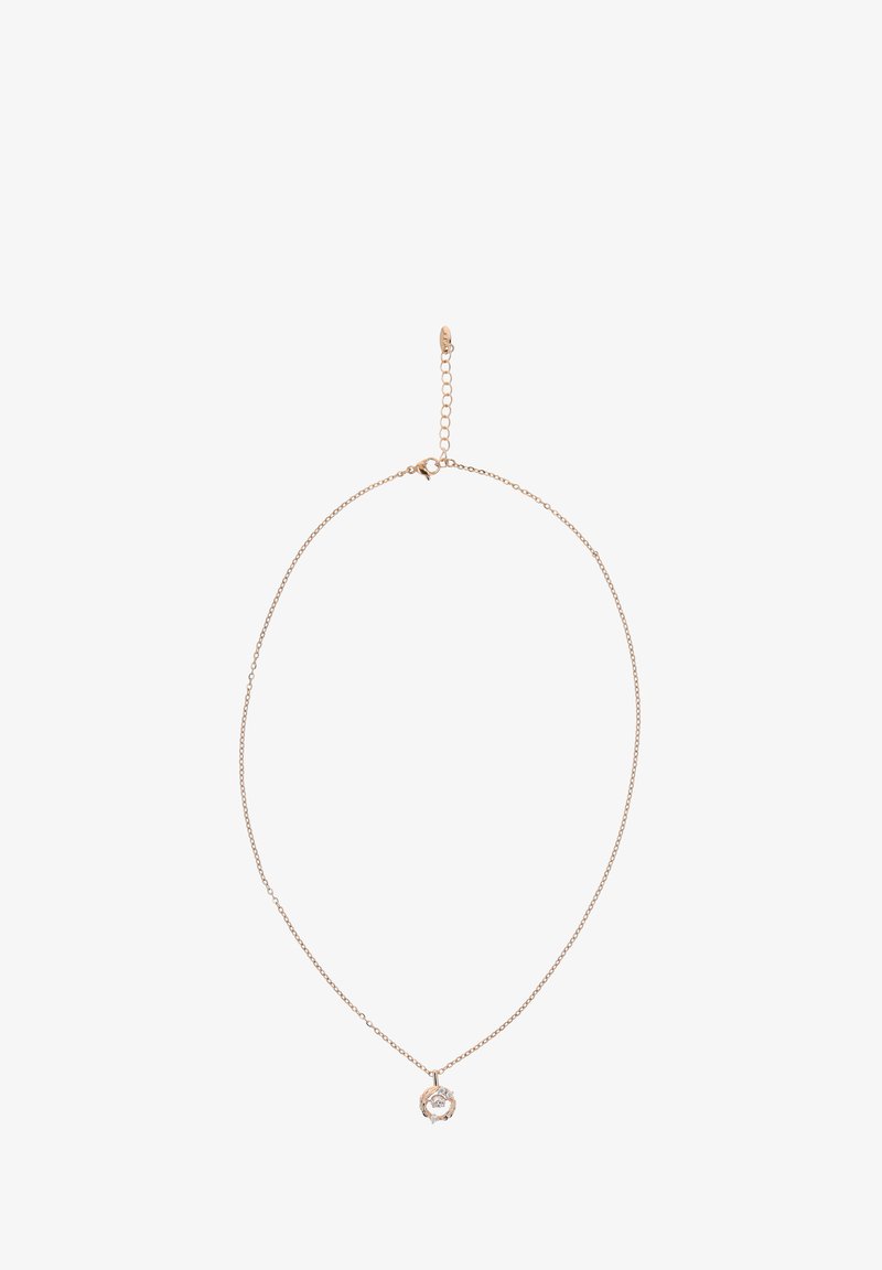 Arany színű nyaklánc finom lánccal, kör alakú medállal, benne egy kis, tiszta drágakővel és egy levél díszítéssel.