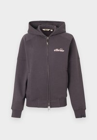 Σκούρο γκρι φούτερ με φερμουάρ, κουκούλα, μπροστινές τσέπες και μικρό λευκό λογότυπο "ellesse" στο αριστερό στήθος.